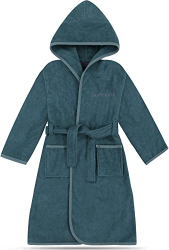 normani Kinder Bademantel auf 100% Bio-Baumwolle Badetuch für Jungen und Mädchen - Frottee Kapuzenbademantel Farbe Petrol Größe 134-140