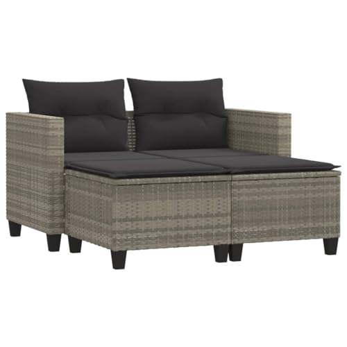 GeenYuu Canapé de jardin 2 places gris clair avec tabourets en poly rotin, ensemble de salon d'extérieur résistant aux intempéries avec coussins, peu...