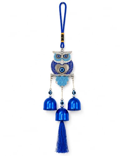 Image of eCraftIndia Blue Evil Eye Owl Wind Chime for Home Entrance Decor | Hanging Bell with Tassel & Nazar Protection Charm | Decorative Wall & Door Hanging for Home, Office & Balcony