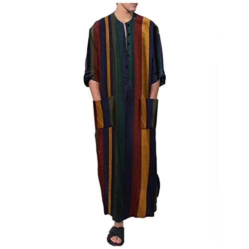Gutori Men's Muslim Robes Long Sleeve Striped Print Kaftan Shirts Casual Long Nightgown Loungewear Housecoat with Pocket(AGreen,XXXXXL)