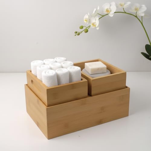 Deconox 3'lü Modüler Bambu Organizer Set - Üst Üste Geçebilen Çok Amaçlı Çekmece İçi ve Masaüstü Düzenleyici Kutu - Banyo, Mutfak ve Ofis İçin Ahşap Saklama Seti