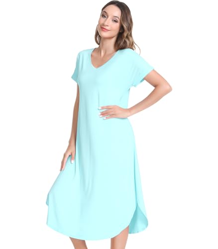 Image of NACHILA Nightgowns for Women-Viscose Made from Bamboo,Short Sleeve Nightshirts Satin V Neck Sleep Dress Loose Sleepwear