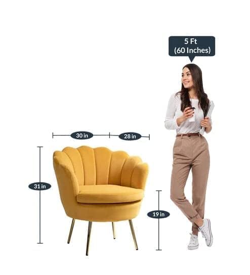Image of Wooden Velvet Shell Accent Chair, Upholstery, Gold Metal Legs, Channel Tufted Design, Barrel Chair for Living Room, Drawing Room, Bedroom, & Office (Yellow)