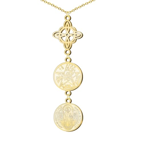 cotigo  Collar para Mujer Nudo de bruja y tetragramaton amuleto de suerte y proteccion, doble proteccion, ojo turco, piedras de chakras. (TETRAGRAMATON+NUDO DE BRUJA+SAN BENITO DORADO)