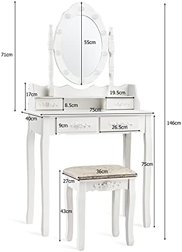 CASART Dressing Table Set with Lights, LED Vanity Table with Adjustable Brightness Mirror & Cushioned Stool, Hollywood Makeup Dresser Desk Furniture for Bedroom