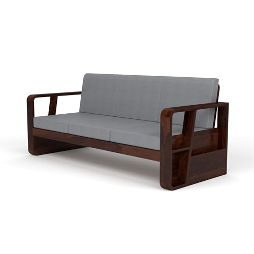 Image of KINGS HOME FURNITURE Sheesham Wooden 3 Seater Sofa for Living Room | Solid Wood Sofa with Side Newspaper Holder | Rosewood Sofa Set for Home & Office | Lounge (Walnut Finish, 3 Seater)