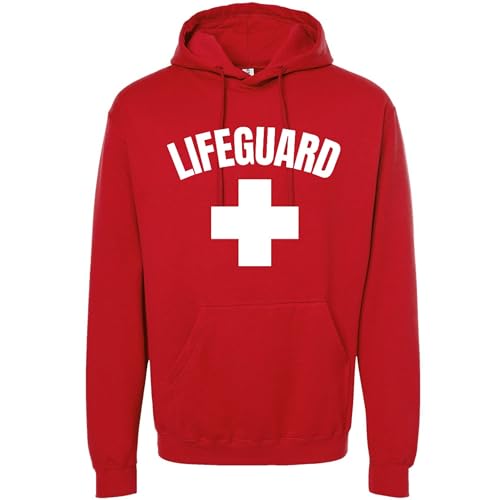 Lifeguard White Cross Hooded Sweatshirt Pool Water Watch Safety Premium Pullover Hoodie Red - L