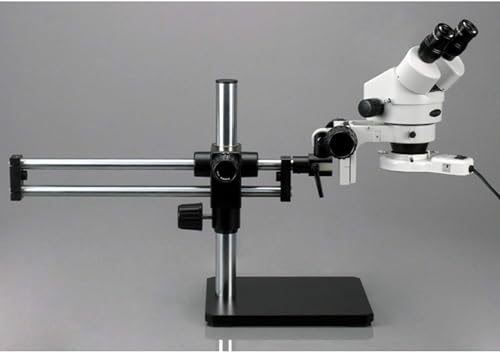 Image of AmScope SM-5BX-FRL Professional Binocular Stereo Zoom Microscope, WH10x Eyepieces, 3.5X-45X Magnification, 0.7X-4.5X Zoom Objective, 8W Fluorescent Ring Light, Ball-Bearing Double-Arm Boom Stand, 110V-120V, Includes 0.5X Barlow Lens