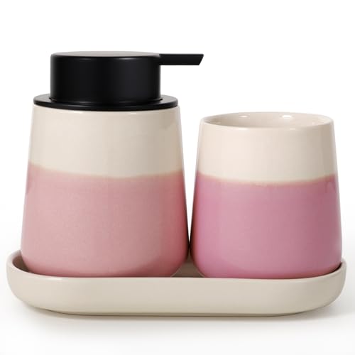 Autumnlife Badezimmer Set Rosa, 3-teiliges Badezimmer Zubehör Set aus Keramik, Dekoratives Badzubehör Seifenspender Set, Zahnputzbecher & Badablage für Schmuck, Geeignet für Bad, Waschbecken