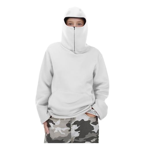 Balaclava Hoodie Kids Balaclava Face Mask Sweatshirt Hip Hop Casual Outerwear Hooded Jacket Y2k for Girls and Boys White