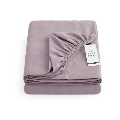 Image of Tribeca Living Cal King Flannel Fitted Sheet - 170 GSM 100% Cotton Brushed Flannel, Extra Deep Pocket 24 Inch, Heavyweight Warm Cozy Bedding, Soft Breathable Winter Sheet, Lavender