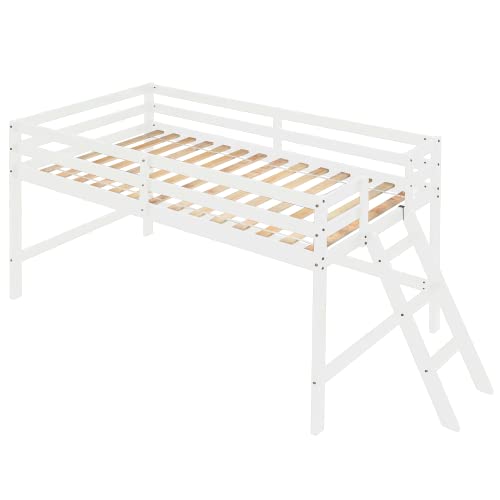 Lolado Loft Bed Twin,Loft Bed For Kids With Ladders And Guard Rails,Solid Wood And Sturdy Low Loft Bed Frame For Junior Boys Girls ,No Box Spring Needed,Easy To Assembly,Twin(White) #TOP4