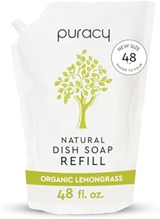 Puracy Natural Dish Soap Refill, Gently Scented with Organic Lemongrass, Skin-Softening Plant-Based Liquid Dishwashing Detergent Soap, Clean-Rinsing Water-Sheeting Formula, 48 Ounce