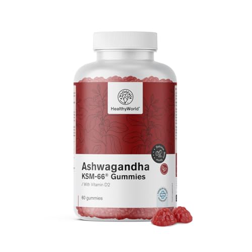 HealthyWorld Ashwaganda KSM-66 300 mg - 60 Gummis - Vegan - Glutenfrei - 300 mg pro Tagesdosis - Waldfruchtgeschmack - mit Vitamin D2 - Für 1 Monat - Gegen Stress