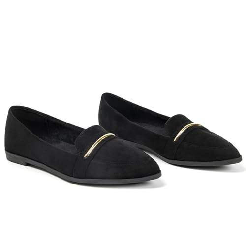 Image of Pointy Toe Penny Loafers for Women Dress Office Work Flats Shoes | Comfortable Women's Faux Suede Leather Slip On Flat Loafers for Driving Business Casual Cute Ballet Shoes