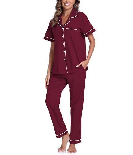 Image of CF Womens 100% Cotton Pajamas Set Button Down Pjs Sets Short Sleeve Top & Long Pants Sleepwear Comfy Loungewear with Pockets
