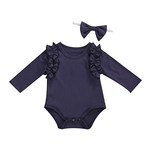 suomate Newborn Baby Girls Romper Long Sleeve Bodysuit One Piece Jumpsuit Playsuit Headband Clothes Sets (Sapphire blue, 12-18 Months) Cover