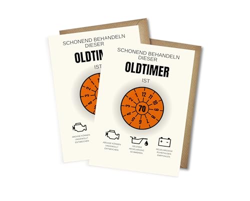 WBdesignz 2er-Set Lustige 70. Geburtstag Karten „Schonend behandeln Oldtimer“ mit Umschlägen - TÜV Plakette, Auto-Wartungshinweisen - Glückwunschkarten zum 70. Geburtstag für Männer, Frauen (DIN A6)