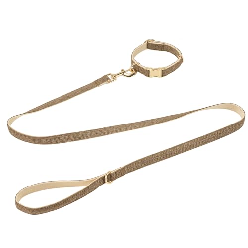 YUDOTE Hundehalsband und Leine Set Klein, Weiche Reizfreie natürlicher Baumwolle mit Twillgewebe für Hund mit empfindlicher Haut, Graubraun