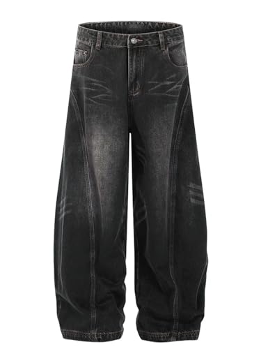 Men's Vintage Washed Baggy Jeans, Y2K Wide Leg, Curved Blade, Streetwear Cowboy Denim Trousers