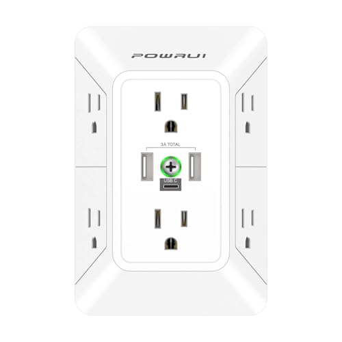 3 Sided Surge Protector Power Strip - POWRUI 6 Outlet Extender with 3 USB Charging Ports(1 USB C), Multi Plug Wall Adapter Outlet Splitter for Home Travel Office, White