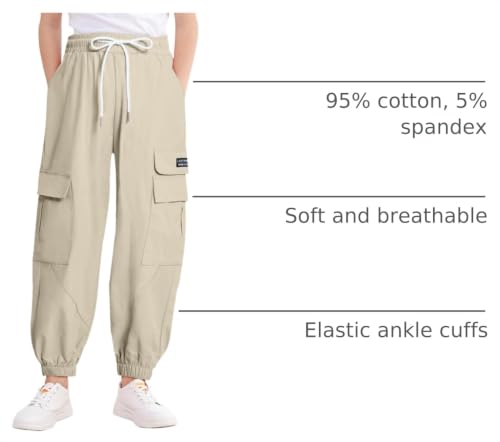 Image of JiAmy Girls Cargo Pants Elastic High Waist Drawstring Pants Jogger Trousers Casual Loose with Pockets 6-14Y