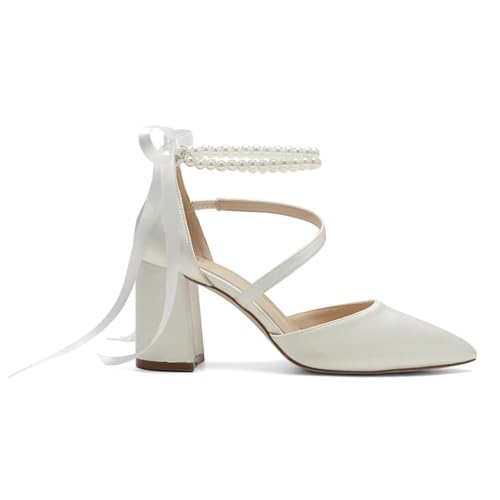 Block Heel Wedding Shoes for Bride Closed Toe Pearl Bridal Shoes Wedding Chunky Heels4
