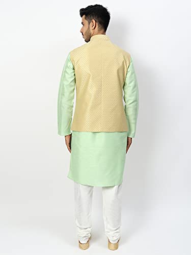 Image of Uri and MacKenzie Men's Silk Blend Regular Kurta Churidar Pyjama with Bundi Nehru Jacket /Waistcoat