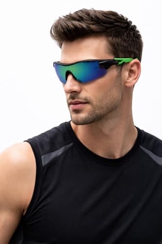 Image of Oversized Sports Goggles for Men & Women UV400 Protection Non Polarized Cycling Running Cricket Driving Fishing Outdoor Lightweight Wraparound Design Clear Vision Eyewear. (Red + Green)