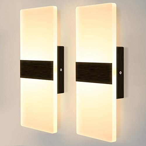 Lightess Modern Wall Sconce Set of 2 LED Wall Lamp 12w Up Down Wall Sconces Light Acrylic Black Hallway Wall Mounted Lamps for Bedroom Hallway Living Room , Warm White Yellow
