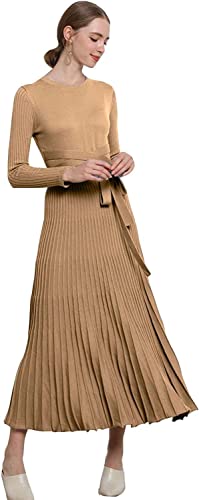 Image of Women's Long Knit Crewneck Sweater Dress Tie Waist A-Line Swing Pleated Bodycon