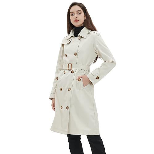Image of Womens Trench Coat Double-Breasted Long windbreak Belted Slim Outerwear Coat with Detachable Hood S-2XL