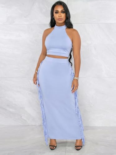 Image of 2 Piece Outfits for Women Sexy Halter Neck Sleeveless Crop Tops Ruched Bodycon Dresses Jumpsuits Fringe Skirt Sets
