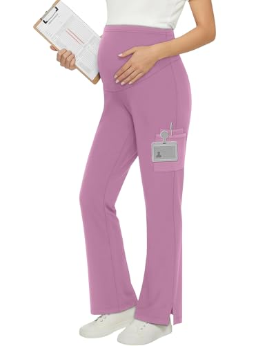 Sweetyweee Womens Maternity Scrub Pants Wide Leg Cargo Pants Over The Belly Stretchy Workwear Pregnancy Trousers for Nurse(Light Pink Medium)