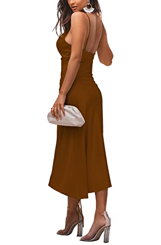 Image of LYANER Women's Satin Spaghetti Straps Cowl Neck Sexy Ruch Cocktail Midi Dresses