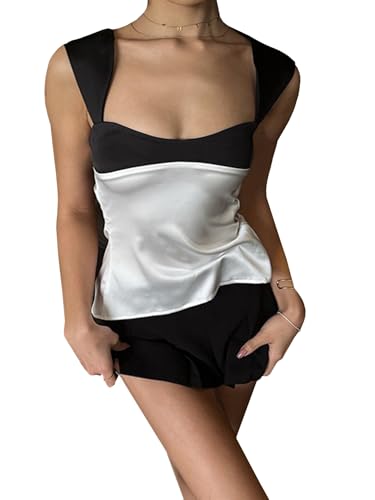 SHENHE Women's Satin Tie Back Tank Top Color Block Wide Strap Scoop Neck Silky Top4