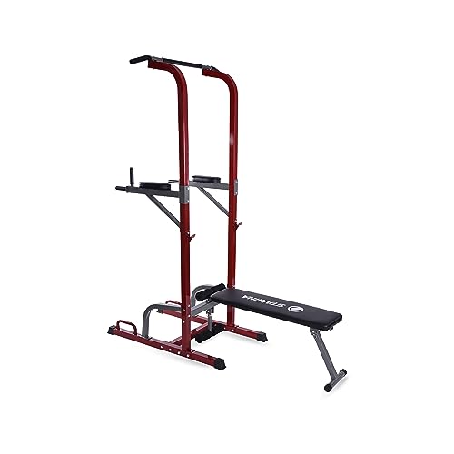 Stamina Full Body Power Tower 735 - Dip Bar with Built-in Bench and Rack - Pull Up Bar Station with Smart Workout App - Dip Bars for Home Workout - Up to 300 lbs Weight Capacity