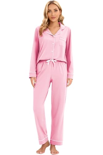 Image of LUBOT 100% Cotton Pajamas for Women PJ Set Soft Button-Down Long Sleeve Shirt Two-piece Set Warm Sleepwear Loungewear Set (Pink, L)