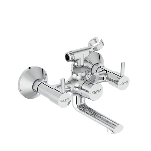 Image of Eauset Plus Brass Bath Mixer with Crutch | Wall Mounted Hot & Cold Bath Shower Mixer Tap | Leak Resistant Bathroom Faucet | Adjustable Hot Limit | Polished Finish