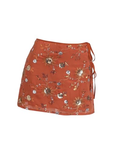 Floerns Women's Summer Floral Sequin Short Skirt Tie Side Low Waist Beach Vacation Skirts