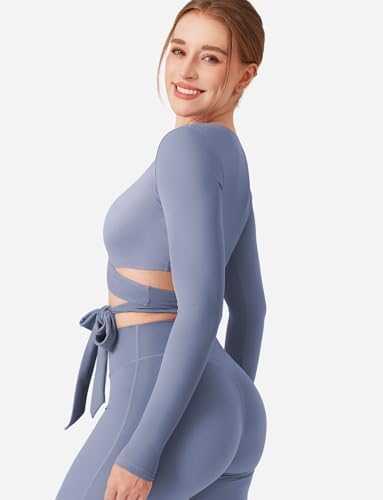 YEOREO Dagney Women‘s Long Sleeve Workout Wrap Top Self Tie V-Neck Dance Shirt for Pilates Yoga Ballet Active Blouses, Granite Blue, Small — view 2