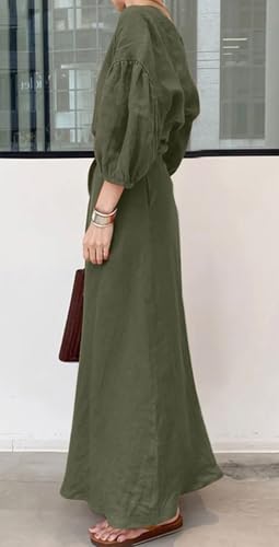 Image of CHARTOU Women Elegant Long Dress Boat Neck 3 /4 Lantern Sleeve Cotton Linen Dress with Belt