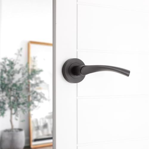 Infinity Decor 5 Sets of Matt Black Twisted Lever Door Pull Handles on Sprung Rose Set - Ideal for Interior & Exterior Doors - Image 2