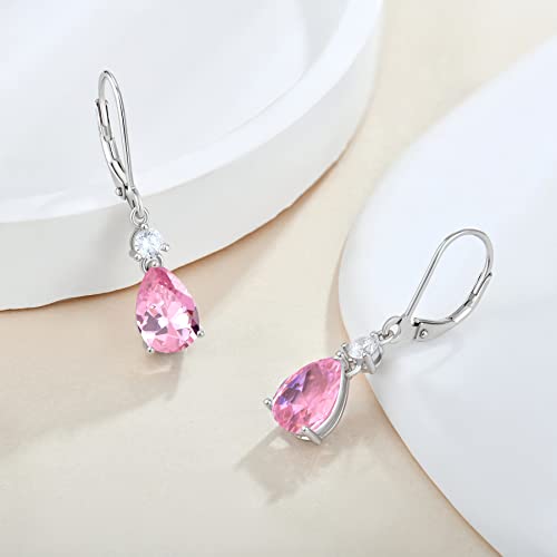 925 Sterling Silver Leverback Earrings - Guesma 10X7Mm Dangle Earrings For Women Pink Tourmaline Teardrop Created Birthstone Crystal - Wedding Earrings Jewelry #TOP2