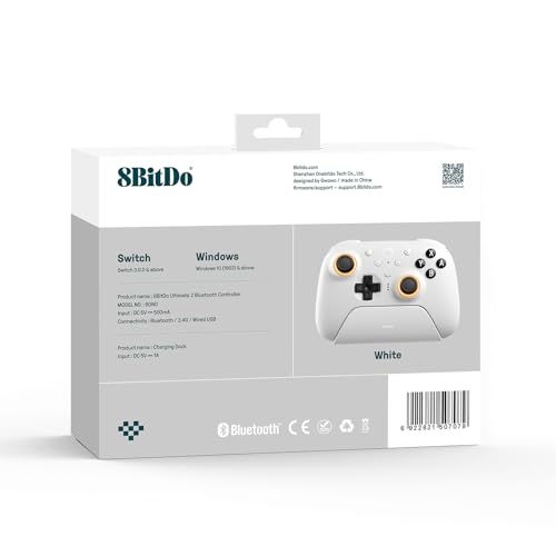 Image of 8Bitdo 8BitDoUltimate 2 Bluetooth Controller (White) - TMR Joysticks | For Switch, Windows PC, Switchable Hall Effect /Tactile Triggers, RGB Fire Ring, Charging Dock, Vibration & Motion Control