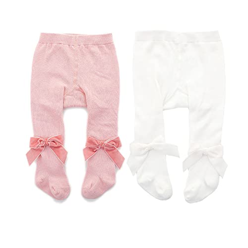 Newborn Baby Girls Tights Infant Toddler Girls Leggings Velvet Bowknot Warm Cotton Stockings Pant Baby Tight Socks (S(0-12 Months), White & Pink-2 pack)