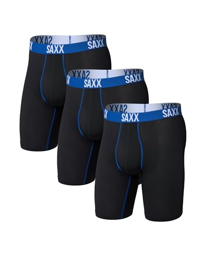 SAXX Underwear Co. Men's Core Performance Mesh Long Boxer Brief Fly 3-Pack, Black/Peak Blue, Large