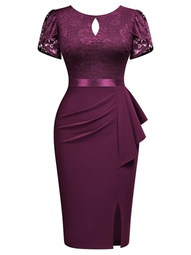 Image of Miusol Women's Elegant Scoop Neck Puff Sleeve Floral Lace Ruffle Style Cocktail Party Dress