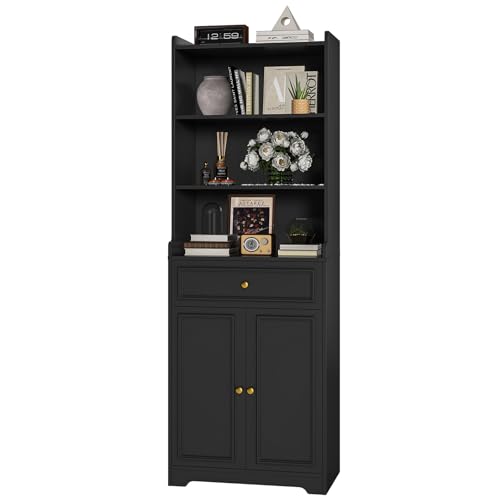 Hasuit Bookshelves and Bookcase with Doors and Drawer, Shelves, 73 in Tall Bookshelf with Storage, Floor Standing 7 Shelf Display Cabinet Bookshelf Storage Cabinet for Home Office, Living Room, Black