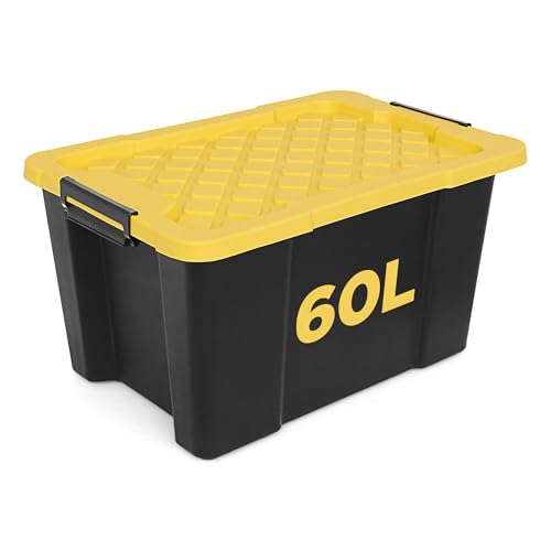 NOVECRAFTO 60L Medium Storage Box with Lid – Heavy-Duty Storage Box with Carry Handles, Durable Plastic, Clip Locks, Stackable – Garage, Shed & Outdoor Use (Black)